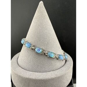 Faux Opal Tennis Bracelet Silver Tone Blue Prom 8"